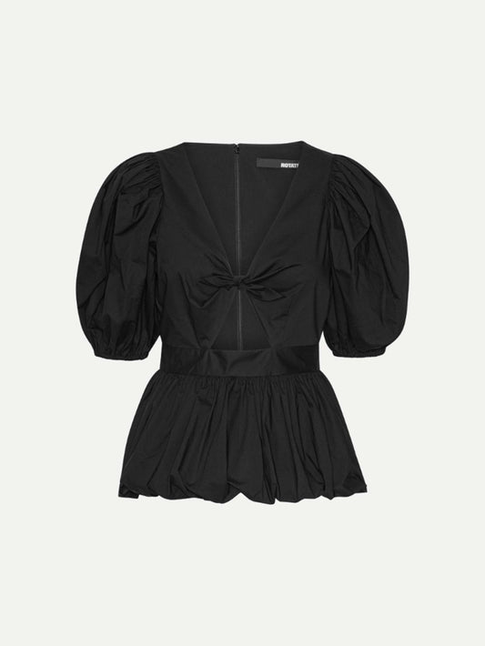 top noir manches bouffantes et noeud 