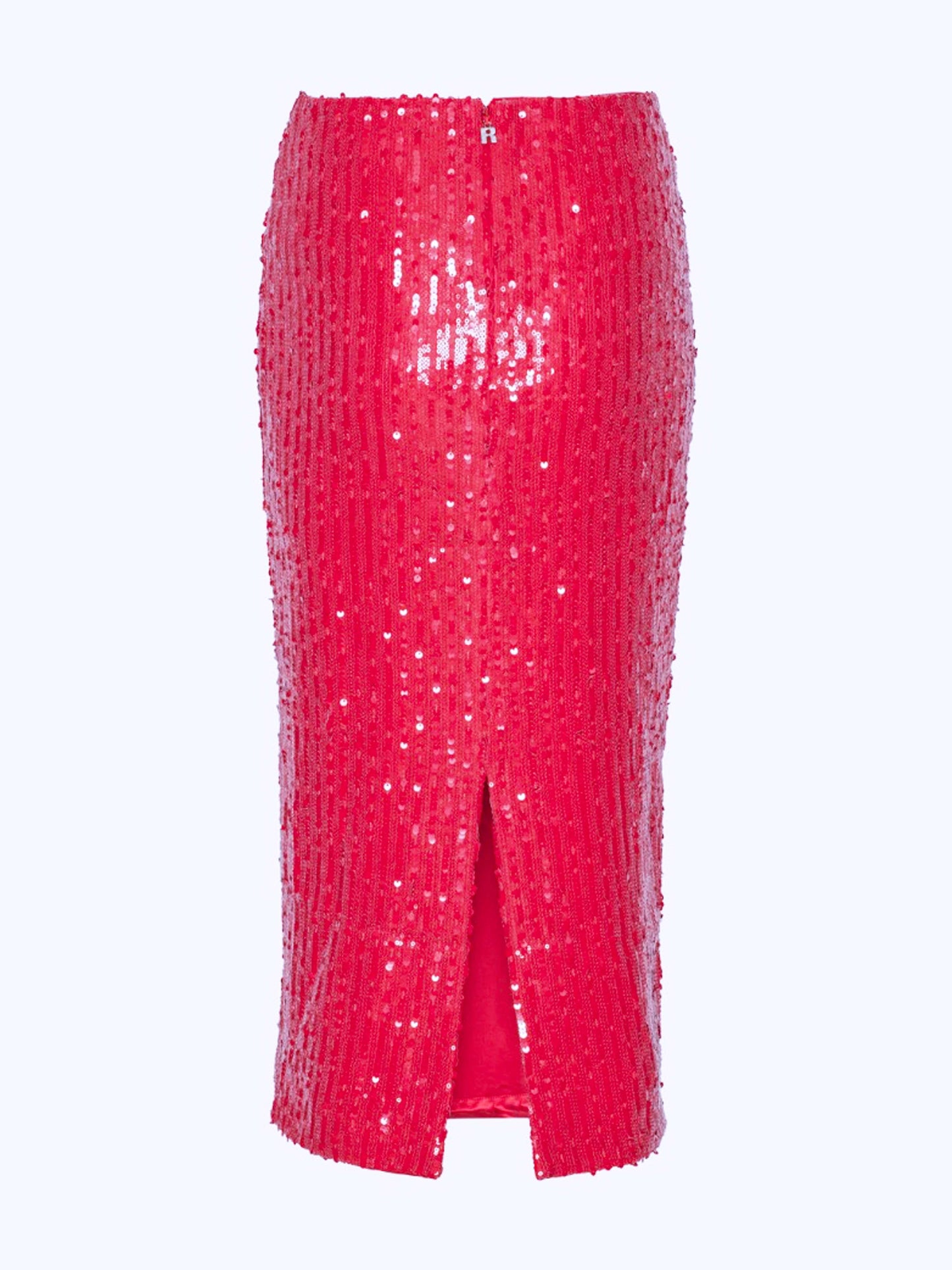 Jupe midi crayon vue de dos avec sequins rouge, fente et fermeture " R" 