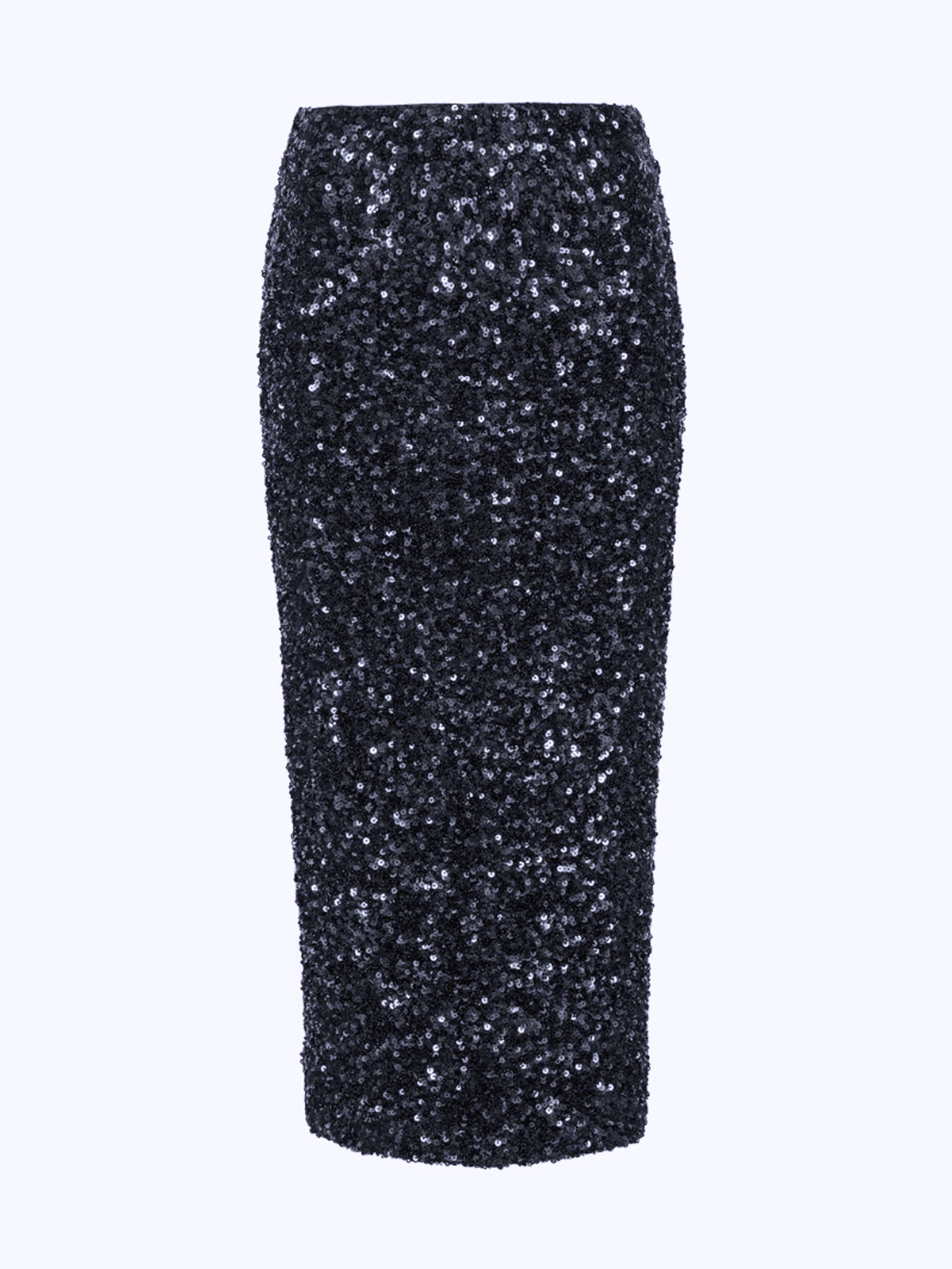 Jupe midi crayon noire à sequins avec fente arrière, vue de face.